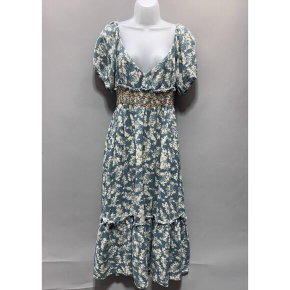 Free People Blue Cream Floral Smocked Puff Sleeve Midi Dress Women’s Medium Boho - Picture 3 of 13